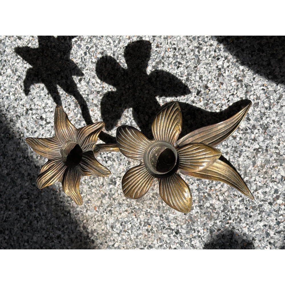 Vintage Silvestri Brass Floral Taper Candle Holder Double Lily Flower Taiwan